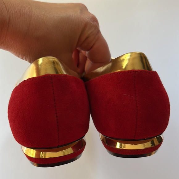CAROLINNA ESPINOSA | Red Suede Leather Loafer trimmed in Gold - Picture 8 of 14